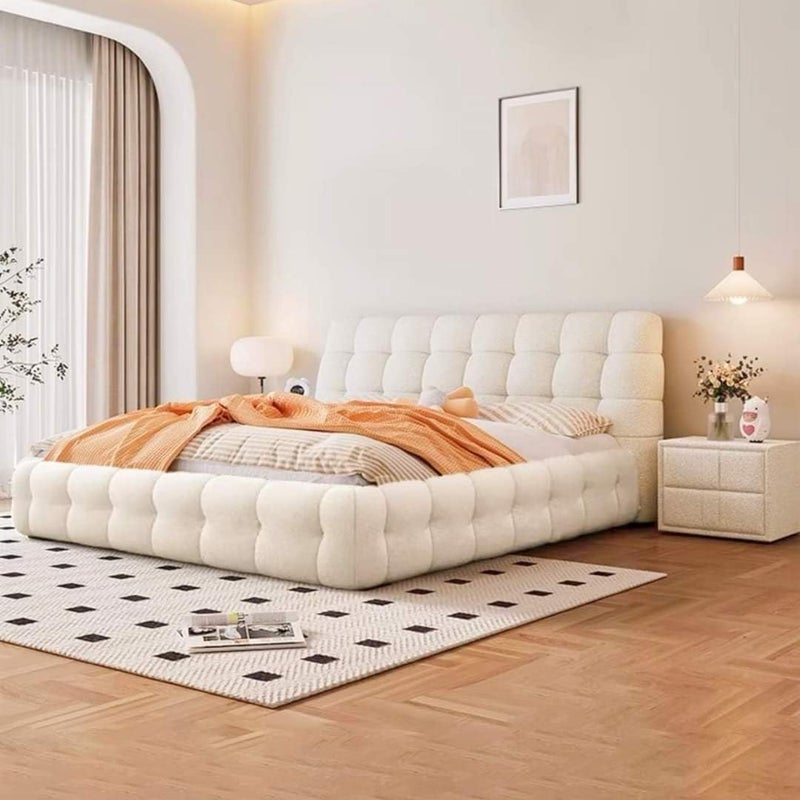 Modern Luxury Queen Size Platform Bed Frame with Tufted Upholstered Design in Beige